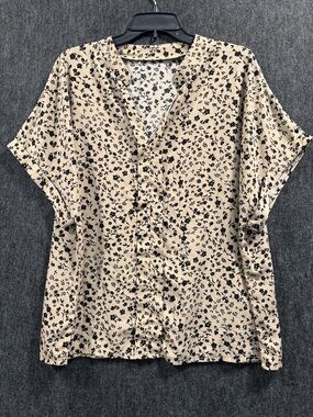 Women’s Beige Black Floral Blouse Lightweight Casual Top Small Floral Print